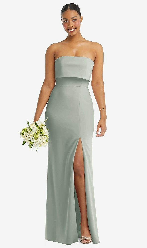 Front View - Willow Green Strapless Overlay Bodice Crepe Maxi Dress with Front Slit