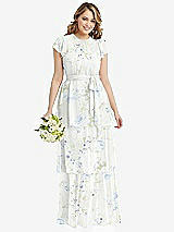 Front View Thumbnail - Bleu Garden Flutter Sleeve Jewel Neck Chiffon Maxi Dress with Tiered Ruffle Skirt