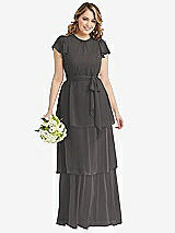 Front View Thumbnail - Caviar Gray Flutter Sleeve Jewel Neck Chiffon Maxi Dress with Tiered Ruffle Skirt