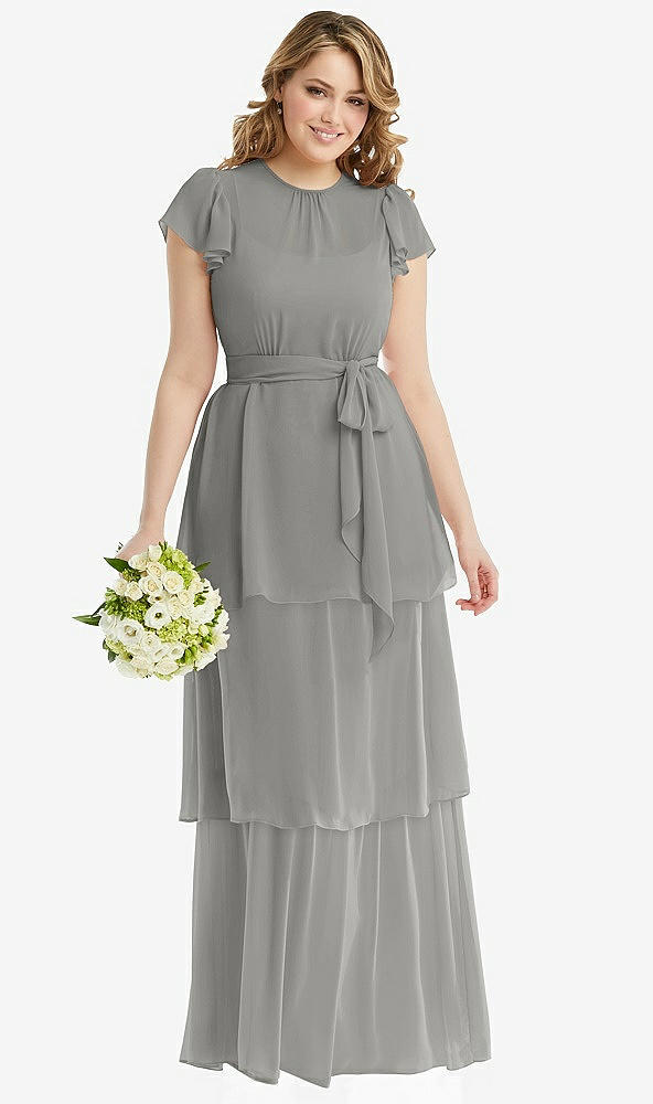 Front View - Chelsea Gray Flutter Sleeve Jewel Neck Chiffon Maxi Dress with Tiered Ruffle Skirt