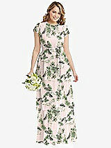 Front View Thumbnail - Palm Beach Print Flutter Sleeve Jewel Neck Chiffon Maxi Dress with Tiered Ruffle Skirt