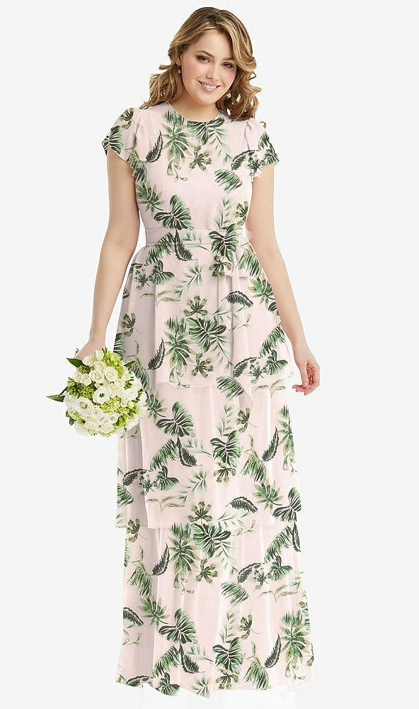 Front View - Palm Beach Print Flutter Sleeve Jewel Neck Chiffon Maxi Dress with Tiered Ruffle Skirt