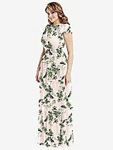 Side View Thumbnail - Palm Beach Print Flutter Sleeve Jewel Neck Chiffon Maxi Dress with Tiered Ruffle Skirt