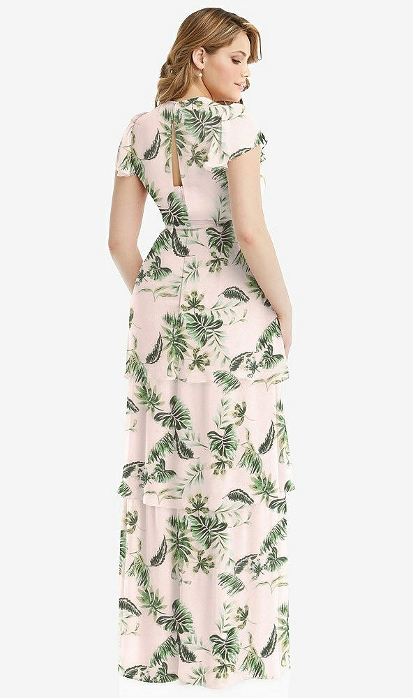 Back View - Palm Beach Print Flutter Sleeve Jewel Neck Chiffon Maxi Dress with Tiered Ruffle Skirt