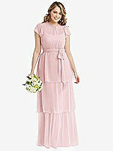 Front View Thumbnail - Ballet Pink Flutter Sleeve Jewel Neck Chiffon Maxi Dress with Tiered Ruffle Skirt