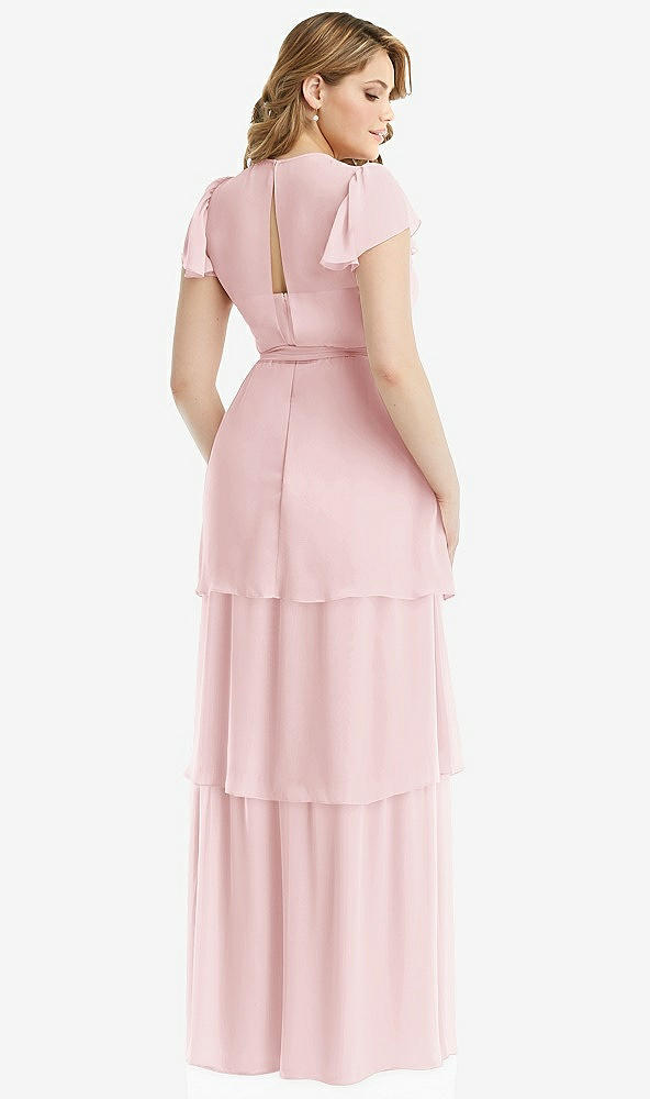 Back View - Ballet Pink Flutter Sleeve Jewel Neck Chiffon Maxi Dress with Tiered Ruffle Skirt