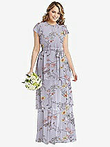 Front View Thumbnail - Butterfly Botanica Silver Dove Flutter Sleeve Jewel Neck Chiffon Maxi Dress with Tiered Ruffle Skirt