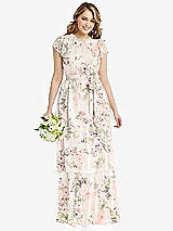 Front View Thumbnail - Blush Garden Flutter Sleeve Jewel Neck Chiffon Maxi Dress with Tiered Ruffle Skirt