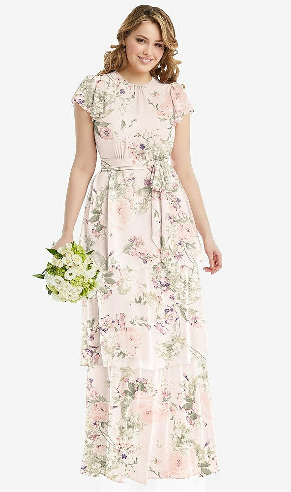 Front View - Blush Garden Flutter Sleeve Jewel Neck Chiffon Maxi Dress with Tiered Ruffle Skirt
