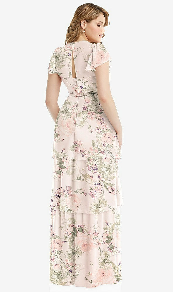 Back View - Blush Garden Flutter Sleeve Jewel Neck Chiffon Maxi Dress with Tiered Ruffle Skirt