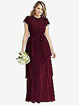 Front View Thumbnail - Cabernet Flutter Sleeve Jewel Neck Chiffon Maxi Dress with Tiered Ruffle Skirt
