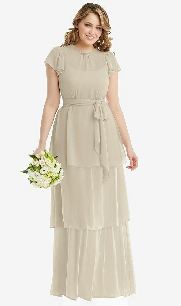 Front View - Champagne Flutter Sleeve Jewel Neck Chiffon Maxi Dress with Tiered Ruffle Skirt