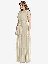 Side View Thumbnail - Champagne Flutter Sleeve Jewel Neck Chiffon Maxi Dress with Tiered Ruffle Skirt