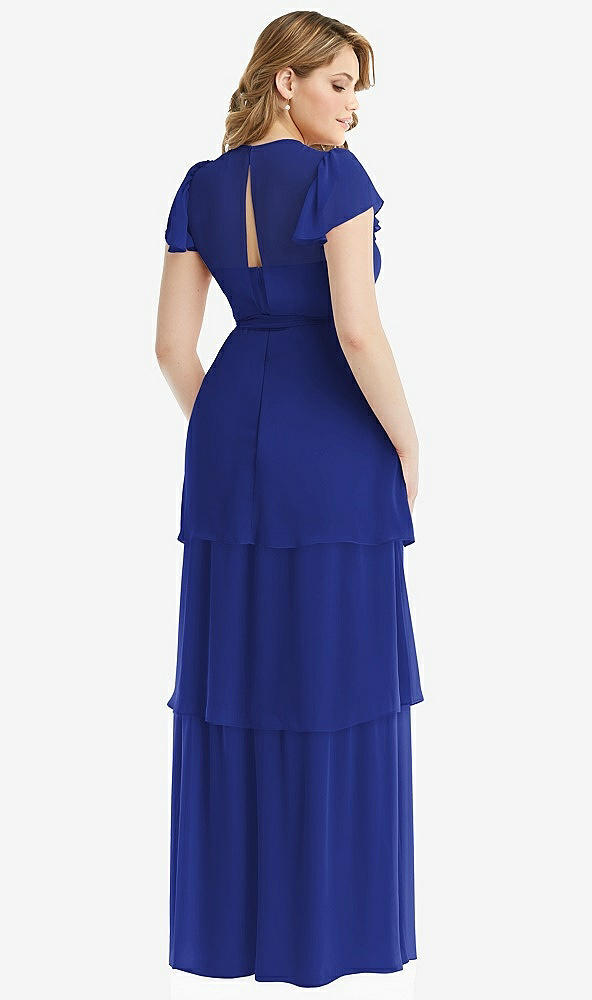 Back View - Cobalt Blue Flutter Sleeve Jewel Neck Chiffon Maxi Dress with Tiered Ruffle Skirt