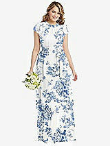 Front View Thumbnail - Cottage Rose Dusk Blue Flutter Sleeve Jewel Neck Chiffon Maxi Dress with Tiered Ruffle Skirt