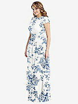 Side View Thumbnail - Cottage Rose Dusk Blue Flutter Sleeve Jewel Neck Chiffon Maxi Dress with Tiered Ruffle Skirt