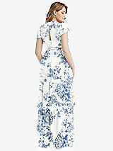 Rear View Thumbnail - Cottage Rose Dusk Blue Flutter Sleeve Jewel Neck Chiffon Maxi Dress with Tiered Ruffle Skirt