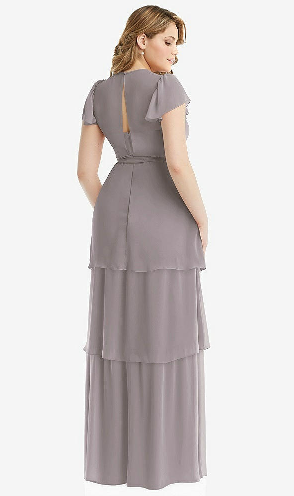 Back View - Cashmere Gray Flutter Sleeve Jewel Neck Chiffon Maxi Dress with Tiered Ruffle Skirt