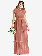 Front View Thumbnail - Desert Rose Flutter Sleeve Jewel Neck Chiffon Maxi Dress with Tiered Ruffle Skirt
