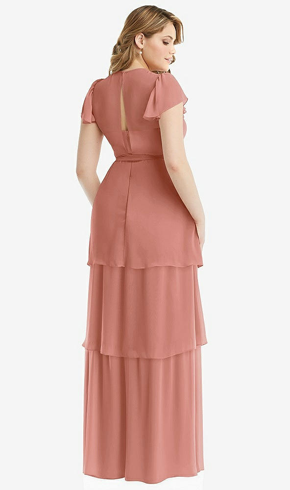 Back View - Desert Rose Flutter Sleeve Jewel Neck Chiffon Maxi Dress with Tiered Ruffle Skirt