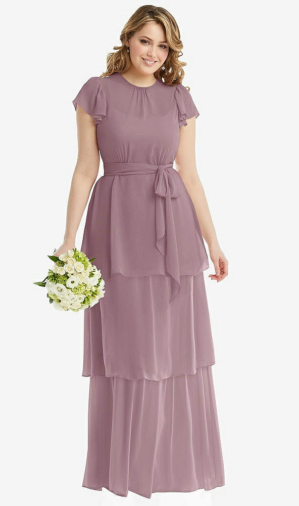 Front View - Dusty Rose Flutter Sleeve Jewel Neck Chiffon Maxi Dress with Tiered Ruffle Skirt