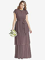 Front View Thumbnail - French Truffle Flutter Sleeve Jewel Neck Chiffon Maxi Dress with Tiered Ruffle Skirt