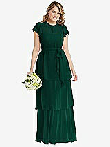 Front View Thumbnail - Hunter Green Flutter Sleeve Jewel Neck Chiffon Maxi Dress with Tiered Ruffle Skirt