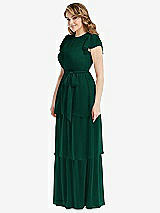 Side View Thumbnail - Hunter Green Flutter Sleeve Jewel Neck Chiffon Maxi Dress with Tiered Ruffle Skirt