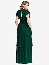 Rear View Thumbnail - Hunter Green Flutter Sleeve Jewel Neck Chiffon Maxi Dress with Tiered Ruffle Skirt