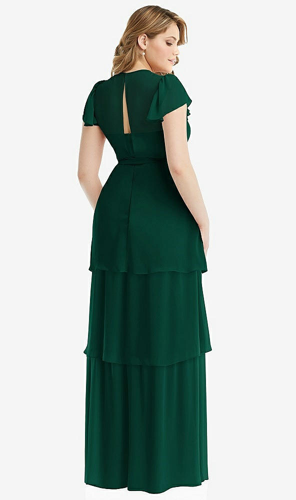 Back View - Hunter Green Flutter Sleeve Jewel Neck Chiffon Maxi Dress with Tiered Ruffle Skirt