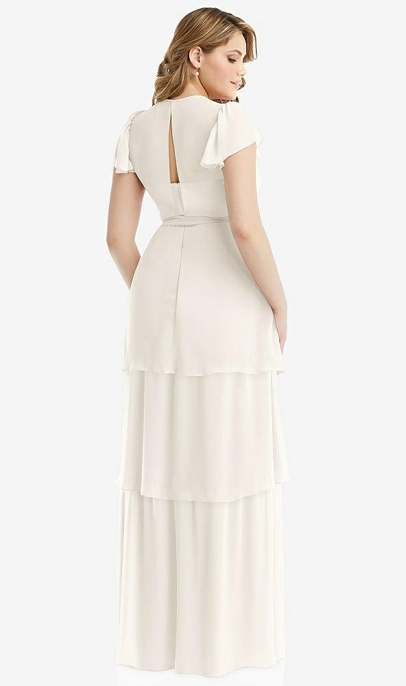 Back View - Ivory Flutter Sleeve Jewel Neck Chiffon Maxi Dress with Tiered Ruffle Skirt