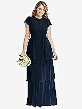 Front View Thumbnail - Midnight Navy Flutter Sleeve Jewel Neck Chiffon Maxi Dress with Tiered Ruffle Skirt