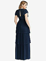 Rear View Thumbnail - Midnight Navy Flutter Sleeve Jewel Neck Chiffon Maxi Dress with Tiered Ruffle Skirt