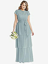 Front View Thumbnail - Morning Sky Flutter Sleeve Jewel Neck Chiffon Maxi Dress with Tiered Ruffle Skirt