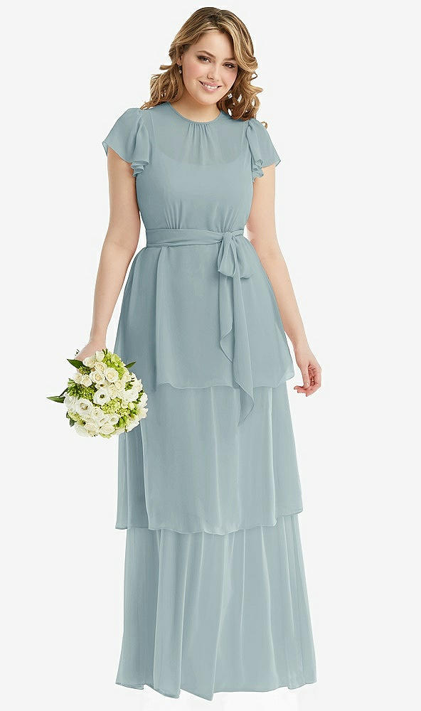 Front View - Morning Sky Flutter Sleeve Jewel Neck Chiffon Maxi Dress with Tiered Ruffle Skirt