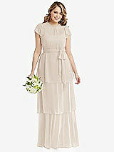 Front View Thumbnail - Oat Flutter Sleeve Jewel Neck Chiffon Maxi Dress with Tiered Ruffle Skirt