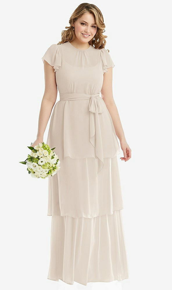 Front View - Oat Flutter Sleeve Jewel Neck Chiffon Maxi Dress with Tiered Ruffle Skirt