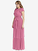 Side View Thumbnail - Orchid Pink Flutter Sleeve Jewel Neck Chiffon Maxi Dress with Tiered Ruffle Skirt