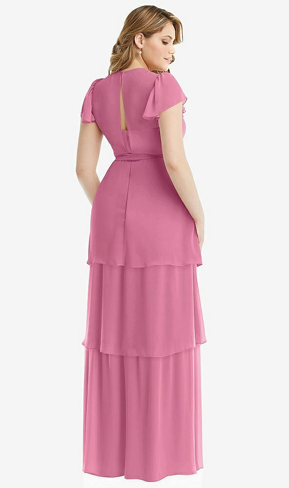 Back View - Orchid Pink Flutter Sleeve Jewel Neck Chiffon Maxi Dress with Tiered Ruffle Skirt
