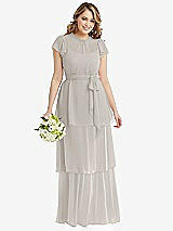 Front View Thumbnail - Oyster Flutter Sleeve Jewel Neck Chiffon Maxi Dress with Tiered Ruffle Skirt