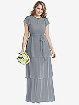 Front View Thumbnail - Platinum Flutter Sleeve Jewel Neck Chiffon Maxi Dress with Tiered Ruffle Skirt