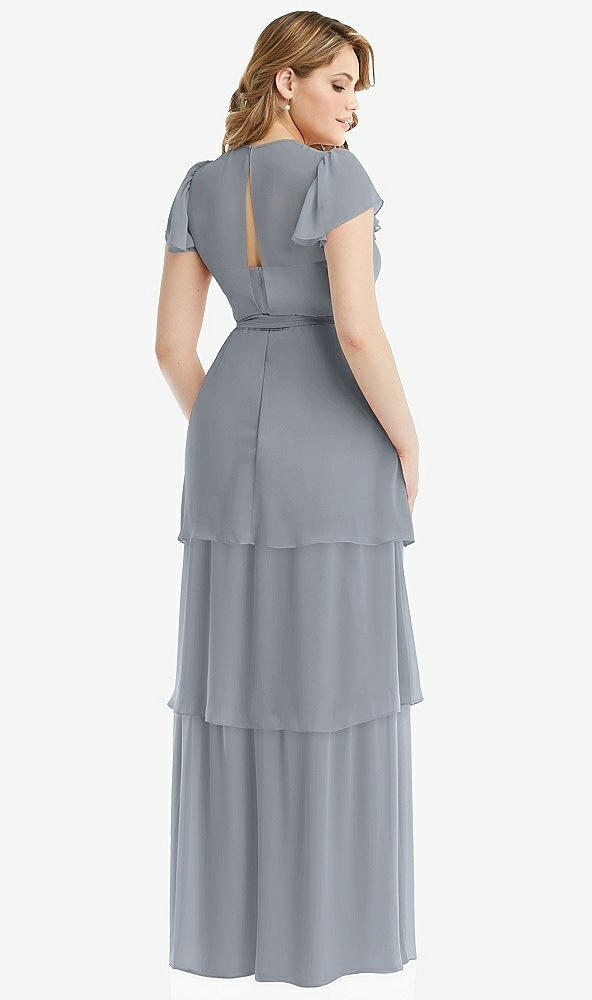 Back View - Platinum Flutter Sleeve Jewel Neck Chiffon Maxi Dress with Tiered Ruffle Skirt
