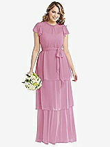 Front View Thumbnail - Powder Pink Flutter Sleeve Jewel Neck Chiffon Maxi Dress with Tiered Ruffle Skirt