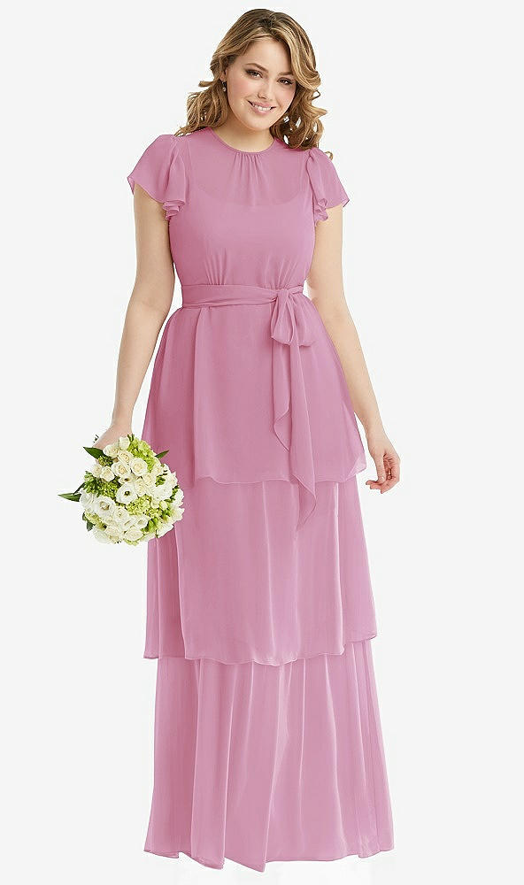 Front View - Powder Pink Flutter Sleeve Jewel Neck Chiffon Maxi Dress with Tiered Ruffle Skirt