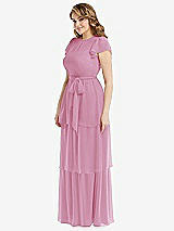 Side View Thumbnail - Powder Pink Flutter Sleeve Jewel Neck Chiffon Maxi Dress with Tiered Ruffle Skirt