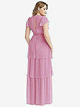 Rear View Thumbnail - Powder Pink Flutter Sleeve Jewel Neck Chiffon Maxi Dress with Tiered Ruffle Skirt