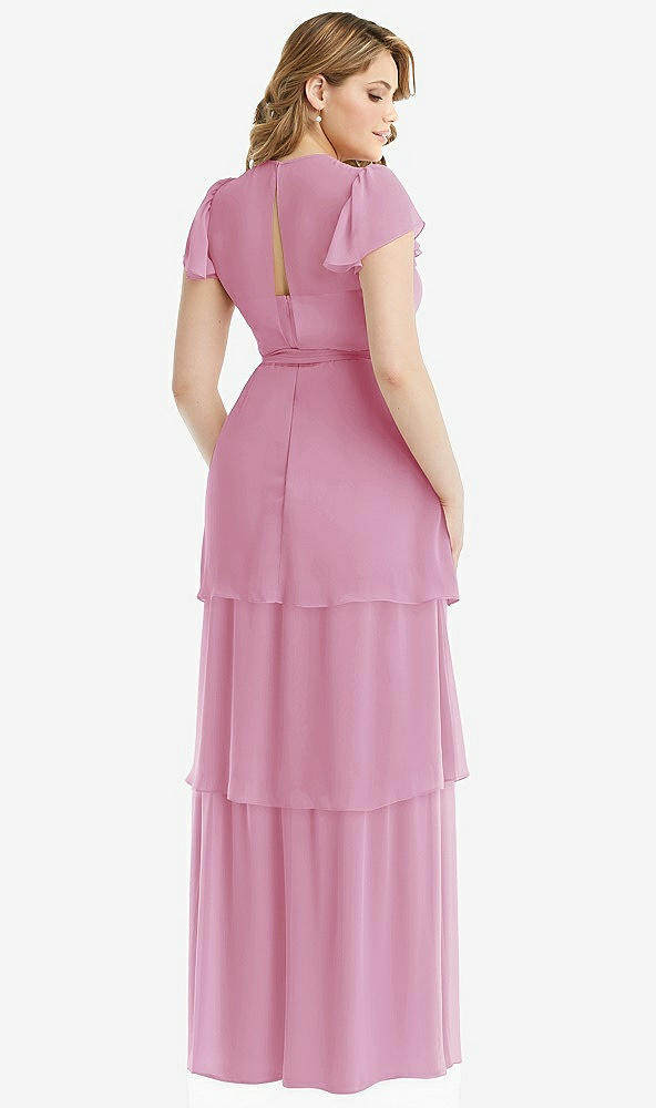 Back View - Powder Pink Flutter Sleeve Jewel Neck Chiffon Maxi Dress with Tiered Ruffle Skirt
