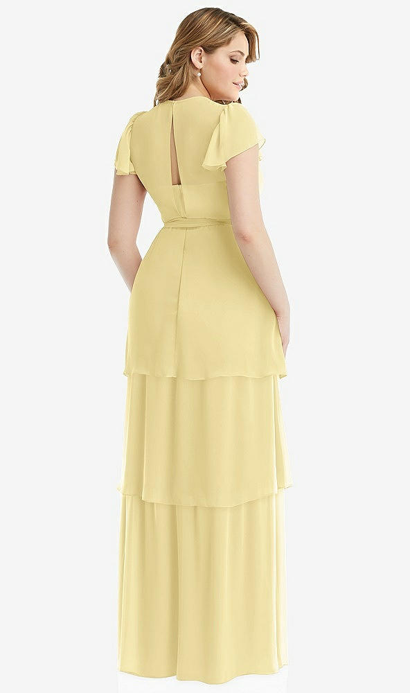 Back View - Pale Yellow Flutter Sleeve Jewel Neck Chiffon Maxi Dress with Tiered Ruffle Skirt