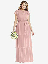 Front View Thumbnail - Rose - PANTONE Rose Quartz Flutter Sleeve Jewel Neck Chiffon Maxi Dress with Tiered Ruffle Skirt