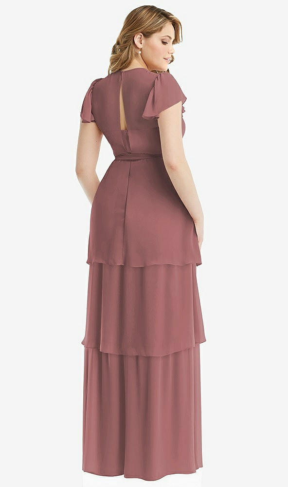 Back View - Rosewood Flutter Sleeve Jewel Neck Chiffon Maxi Dress with Tiered Ruffle Skirt
